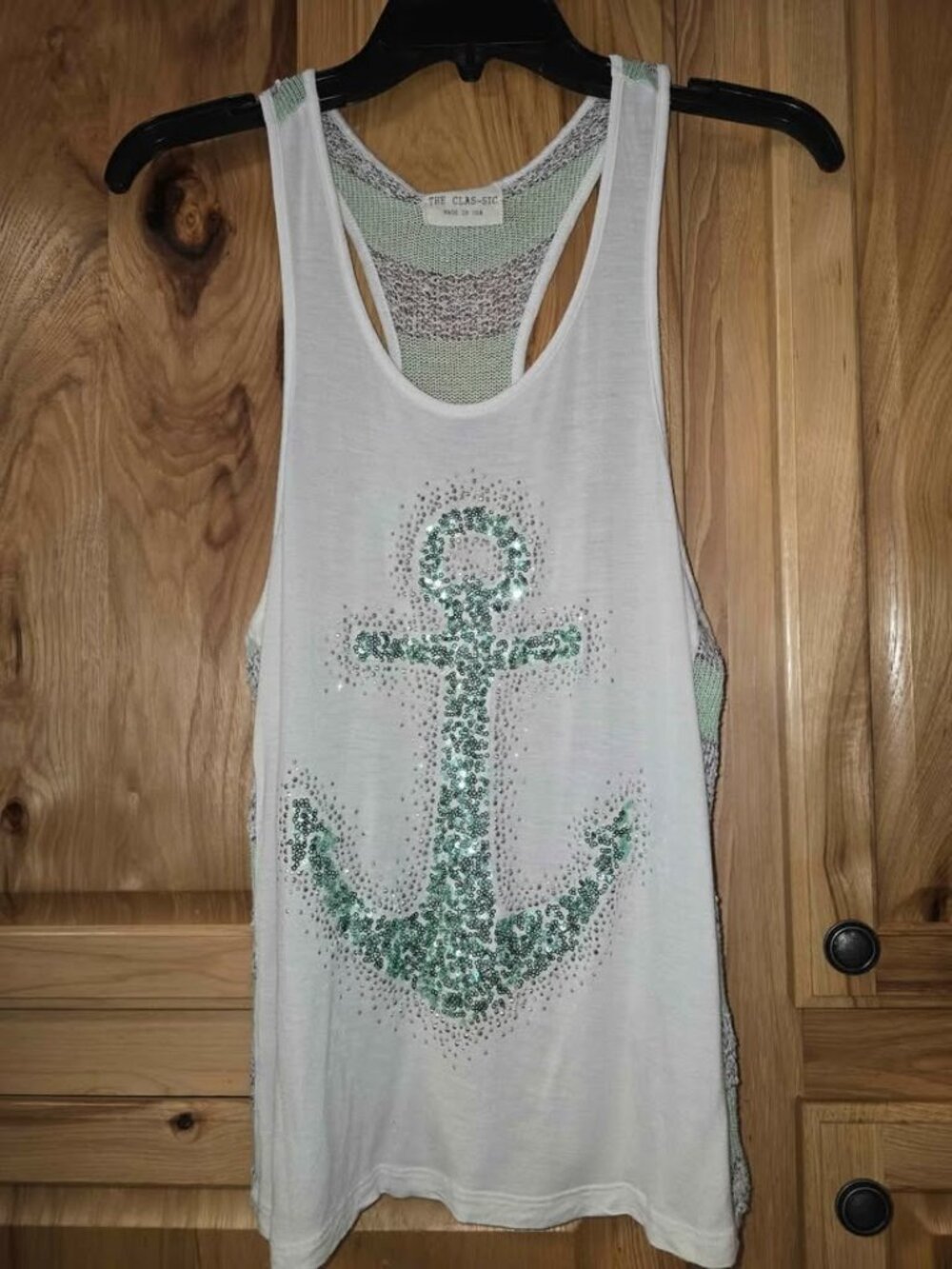 The Clas-sic Racerback Tank Top Sequins Rhinestones Anchor Made In USA Sz Small
